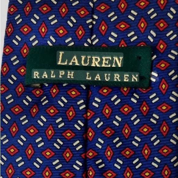 Lauren Ralph Lauren Tie 100% Silk Tie Blue with Red circles pattern Green Tag - Picture 3 of 7